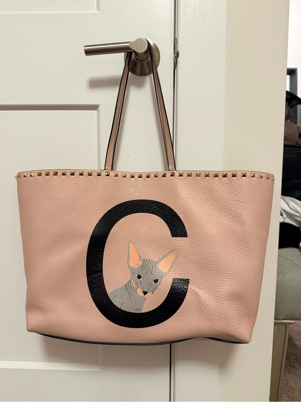 Valentino Rock Stud Tote -  Pink Leather Tote Bag with Hand Painted Cat Monogram
